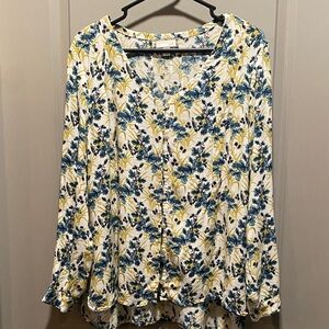 J. Jill Floral V-Neck Blouse | Size XL | Blue & Yellow | Bird Print